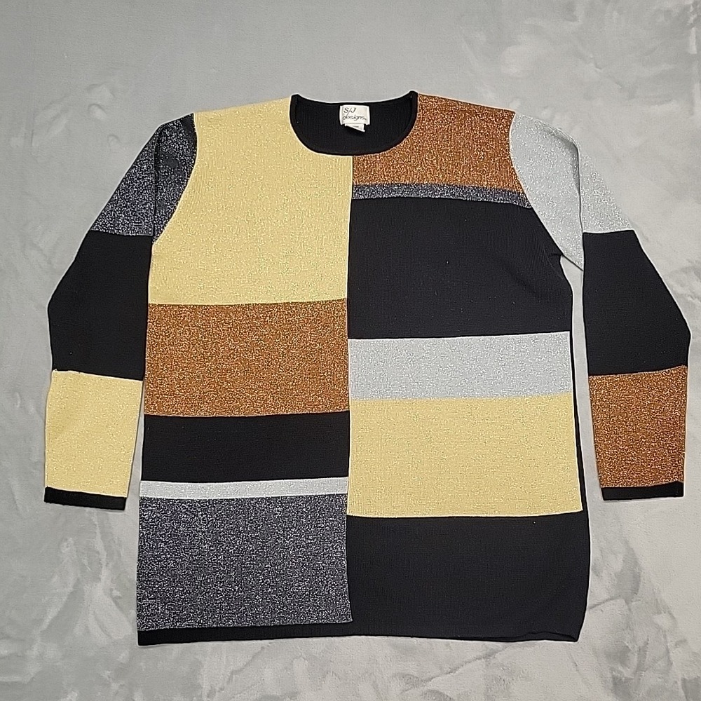 S/J Designs Sweater Women Medium Multicolor Colorblock Metallic Knit PulloverY2K